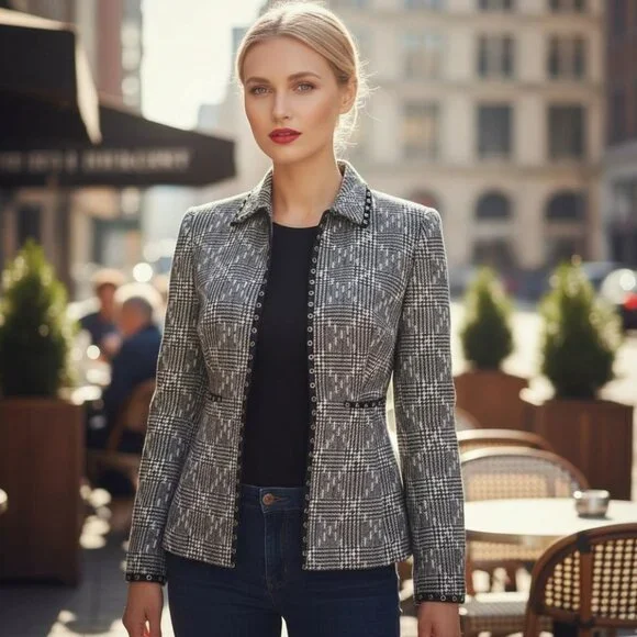 VINTAGE GERMANY Houndstooth Wool Boucle Blazer S Tweed Minimalist Jacket E Luxe - Picture 1 of 16